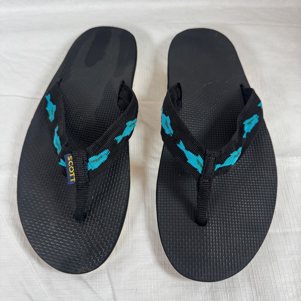 Scott Hawaii Mens Makaha Flip Flops Black Blue Fish Size 9